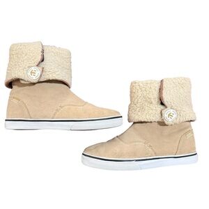 Etnies Womens Lounge Boots Tan Suede Fleece Cuff Y2K Skate Shoes Button Logo 6